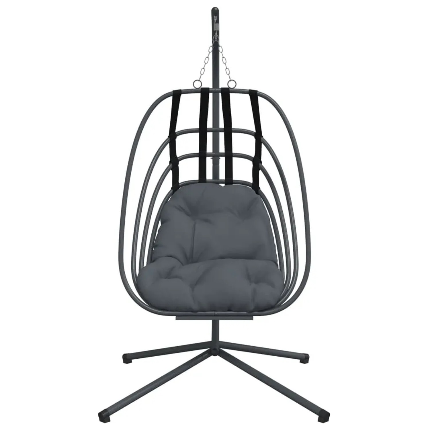 Anthrazitfarbener Hängesessel im Ei-Design mit Stahlgestell für entspannte Stunden.
