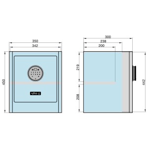 Technische Zeichnung: Weißer mySafe Premium Möbeltresor mit Code & Fingerprint, Maße.