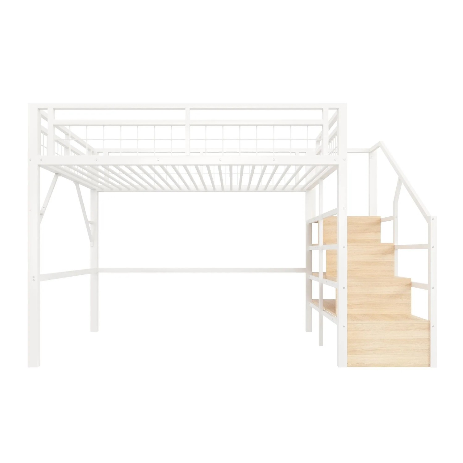 okwish Metall Hochbett 140x200cm mit LED Licht und Stauraumtreppe Weiß ohne Matratze