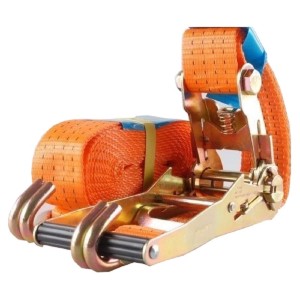 Orangefarbener Ratschen Spanngurt (5 m, 4 t) mit Haken für Autoanhänger.