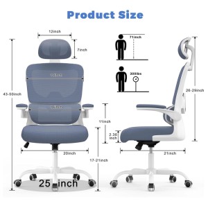 Ergonomischer Drehstuhl weiß/dunkelblau mit Maßen. Höhenverstellung, Wippfunktion, Kopf- und Klapparmlehnen.