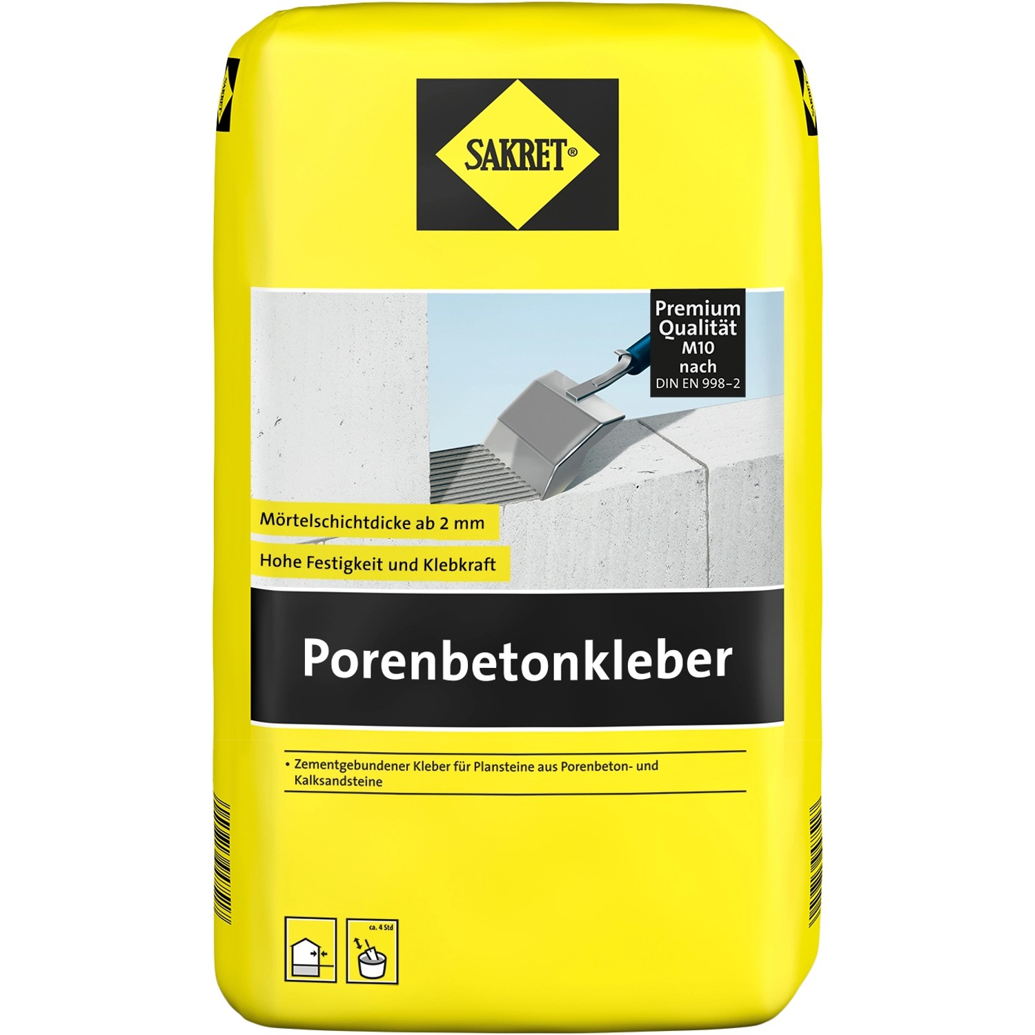 Gelber Sack Sakret Porenbetonkleber 10 kg für Porenbetonsteine.
