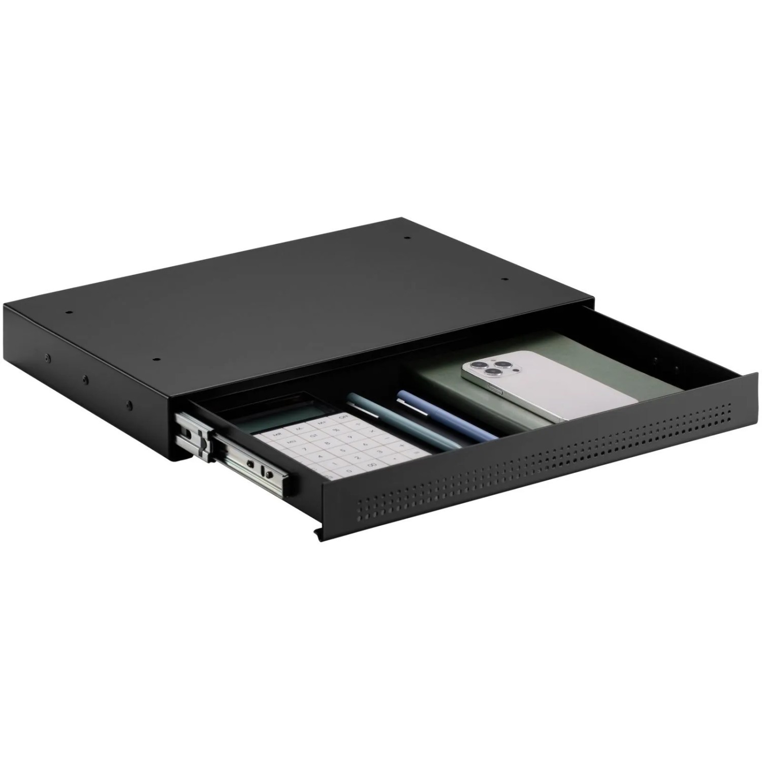 Schwarze SOTECH CAVO Dokumentenschublade aus Stahl, geöffnet mit Büromaterial. Praktische Unterbauschublade.