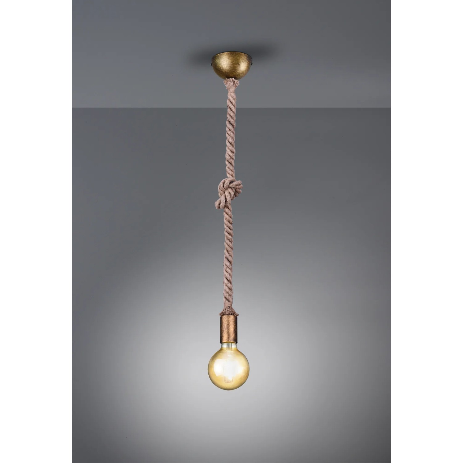 Retro Pendelleuchte Rope in Altmessing mit Leinenkabel, 1-flammig, E27, 150cm.