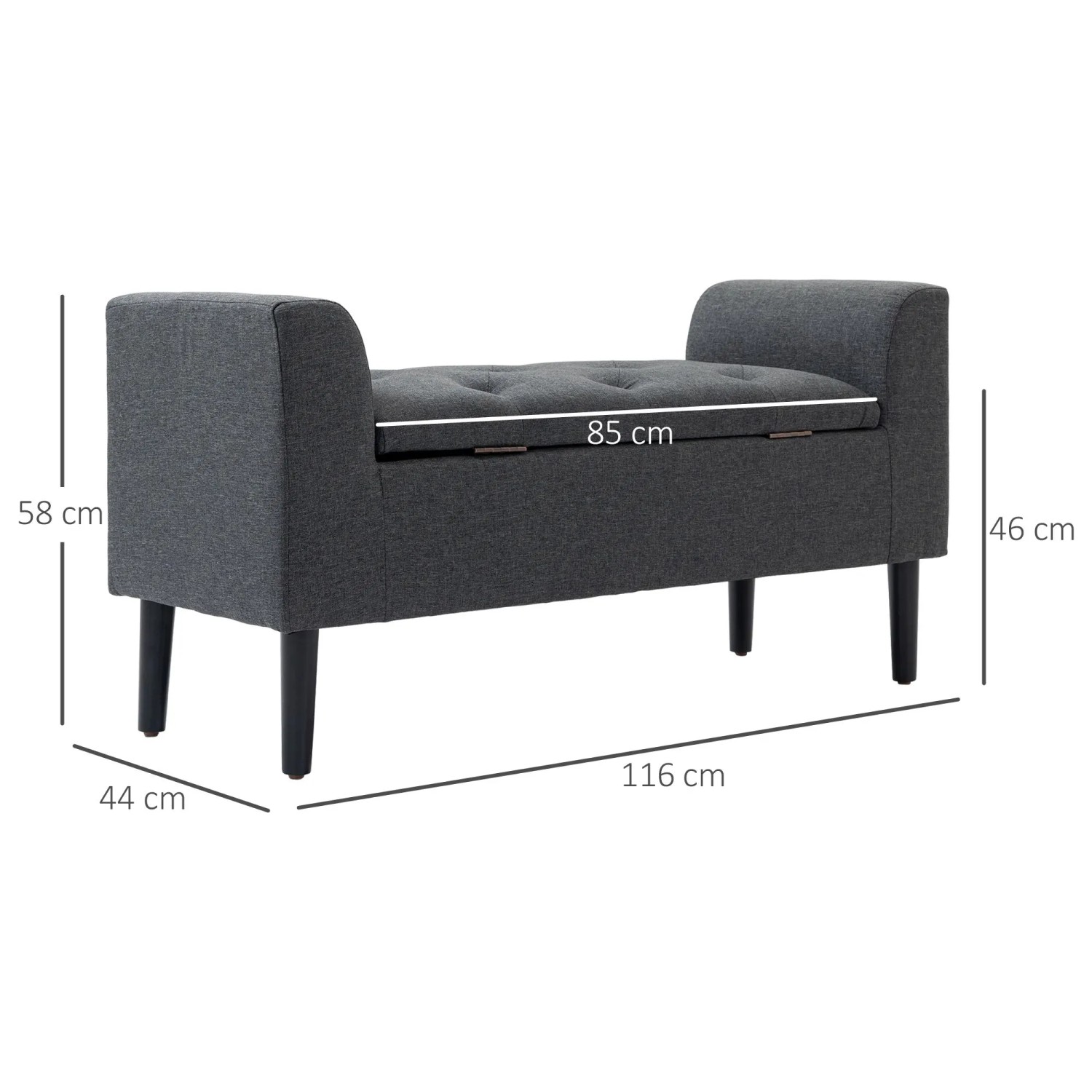 Dunkelgraue HOMCOM Sitzbank mit Stauraum, gepolstert, Holzbeine. Maße 116x44x58 cm. Vielseitiges Möbelstück.