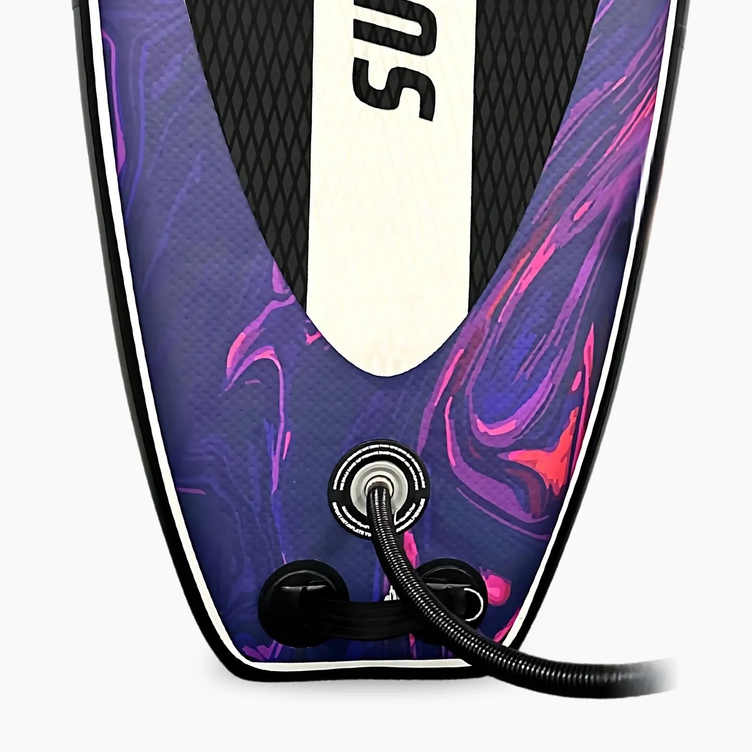 Heckansicht des Suprfit SUP Boards Vibrant Lips: Ventil, schwarze Leash, lila-pinkes Marmor-Design, schwarzes Anti-Rutsch-Pad.