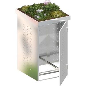 Mülltonnenbox Binto Edelstahl 1er mit Pflanzschale, Tür geöffnet.