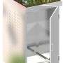 Mülltonnenbox Binto Edelstahl 1er mit Pflanzschale, Tür geöffnet.
