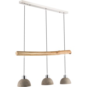 Globo Pendelleuchte JEBEL mit drei Betonschirmen, Nickel matt und Holzelement.