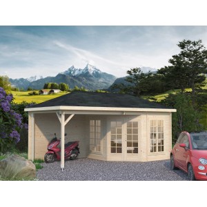 Palmako Holz-Pavillon Melanie mit Überdachung, Doppeltür und Fenstern im Garten.