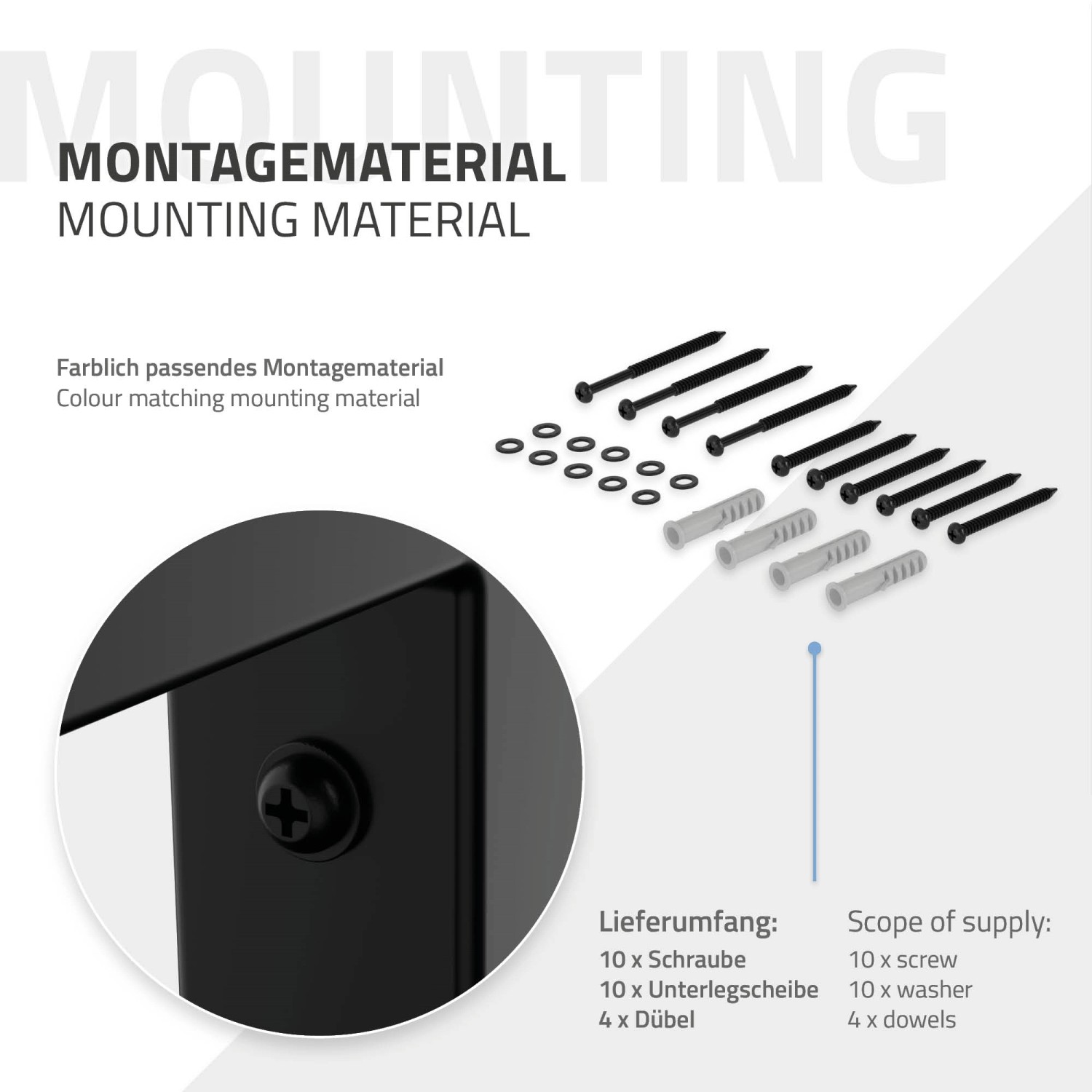 Montagematerial für ML-Design Wandkonsole, 2er Set, schwarz: Schrauben, Unterlegscheiben, Dübel.