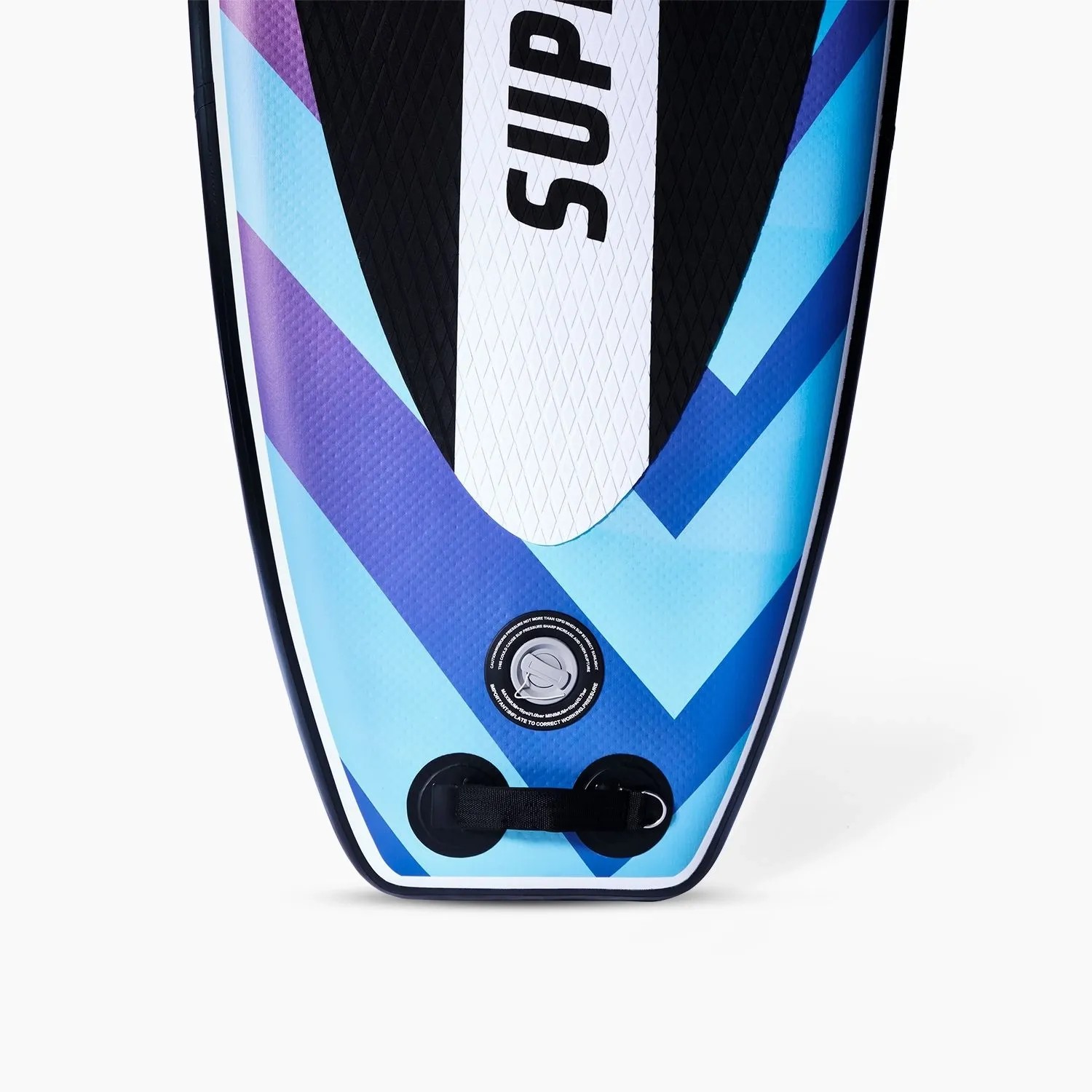 Detailansicht des Suprfit SUP Boards Optical: Heck mit blau-lila Muster, Ventil und D-Ringen für Leash. Wassersport.