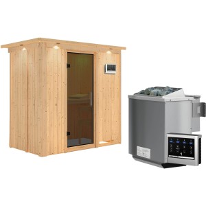 Karibu Sauna Vera mit Bio-Ofen und Graphit Glastür. Massivholzsauna mit Ofen und Steuerung.