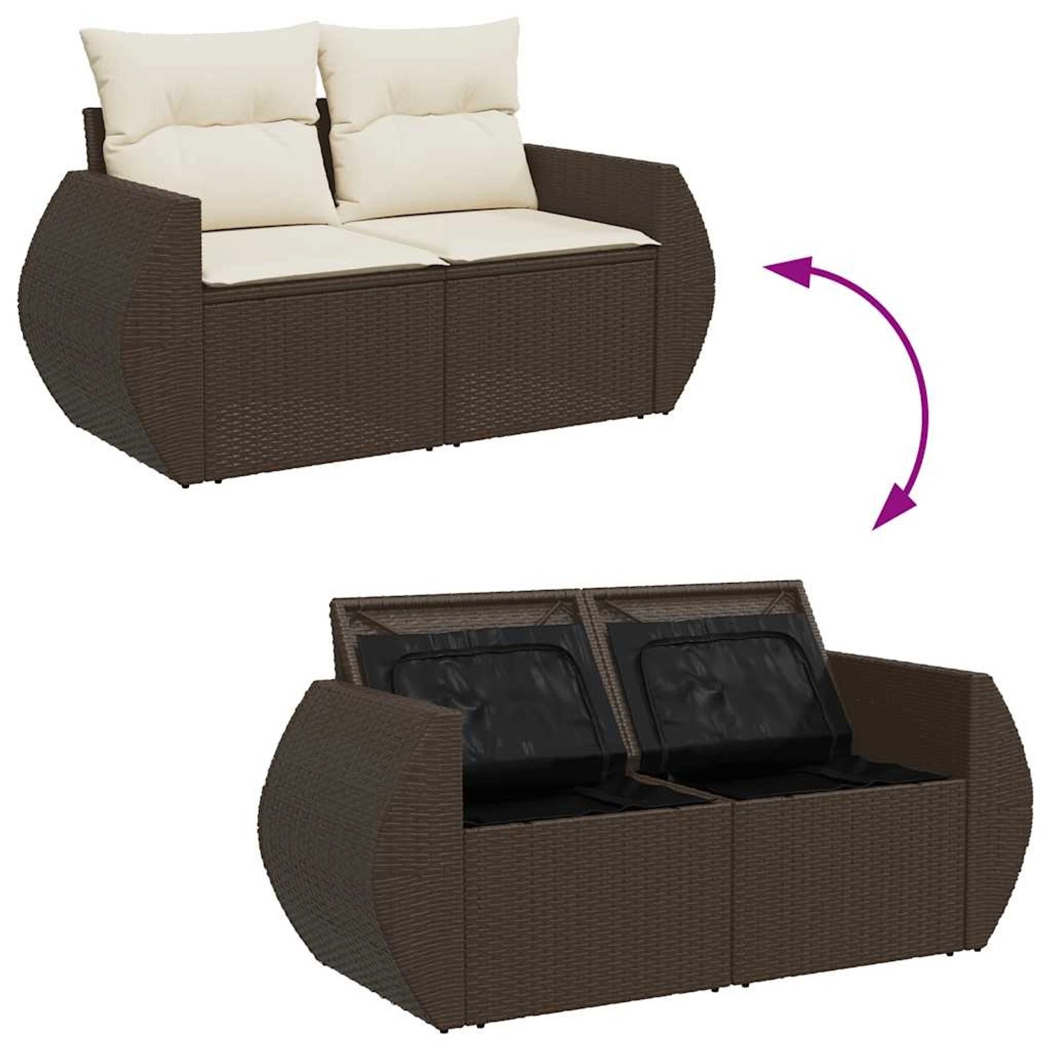 Braune vidaXL Garten-Sofagarnitur aus Rattan mit cremefarbenen Kissen und Stauraum.