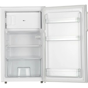 Offener, weißer PKM Unterbau-Kühlschrank KS104.4A+UB mit Glasablagen und Gefrierfach.