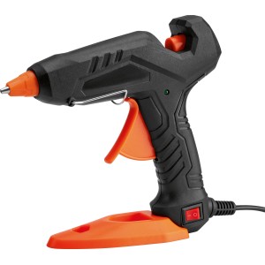 Heißklebepistole 30W, schwarz-orange, mit 5 Klebesticks und Standfuß.