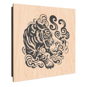 Schwarzer Schlüsselkasten aus Holz (30x30cm) mit Tiger Illustration und 50 Haken.