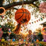 Orange Basketball-Piñata Set hängt im Garten, Süßigkeiten & Konfetti fallen heraus. Kind bei Spiel & Spaß auf Geburtstagsparty.