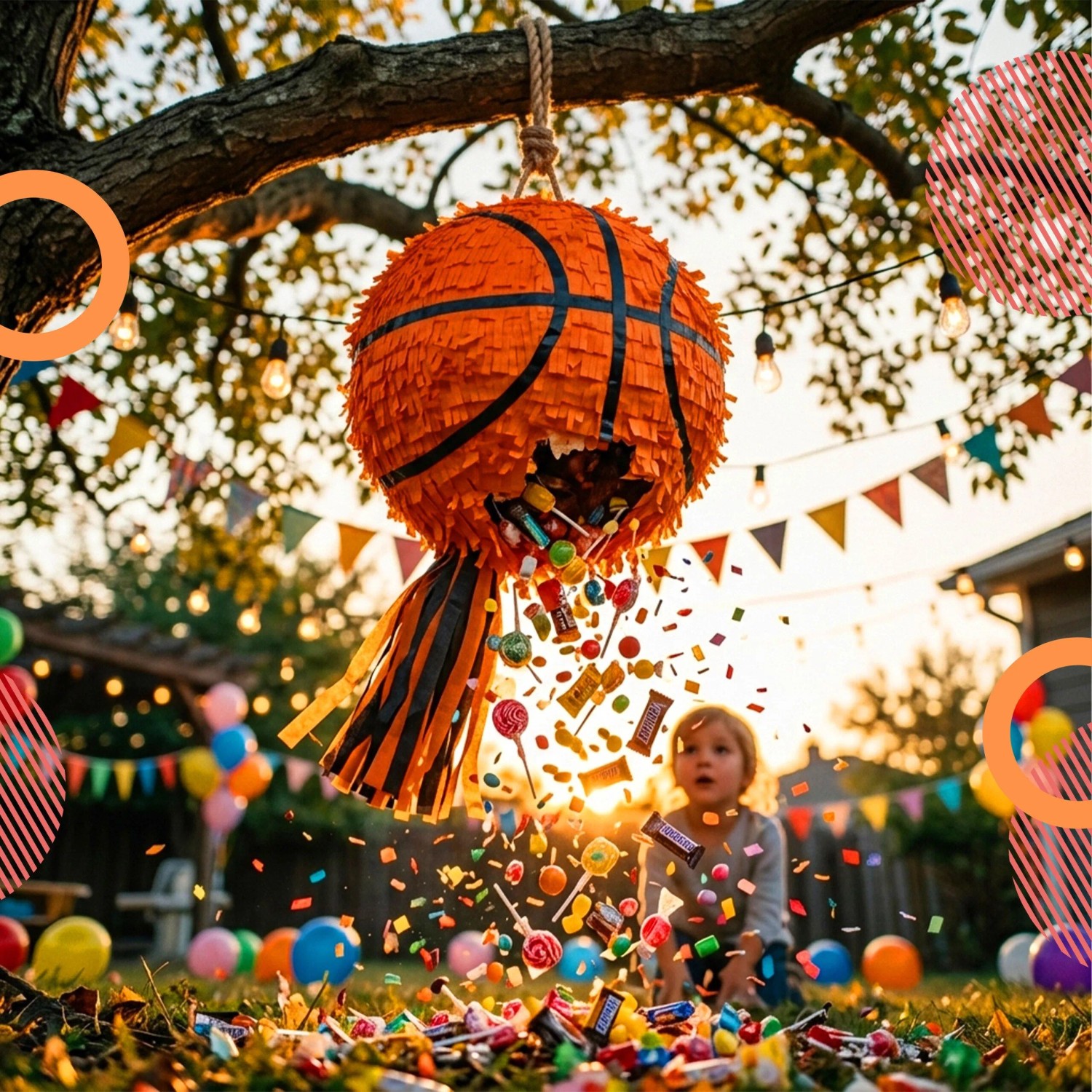 Orange Basketball-Piñata Set hängt im Garten, Süßigkeiten & Konfetti fallen heraus. Kind bei Spiel & Spaß auf Geburtstagsparty.