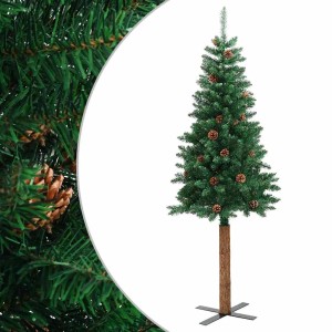 Grüner, schlanker künstlicher Weihnachtsbaum, 150 cm, mit Echtholzstamm und Zapfen. Ideal für festliche Dekoration.