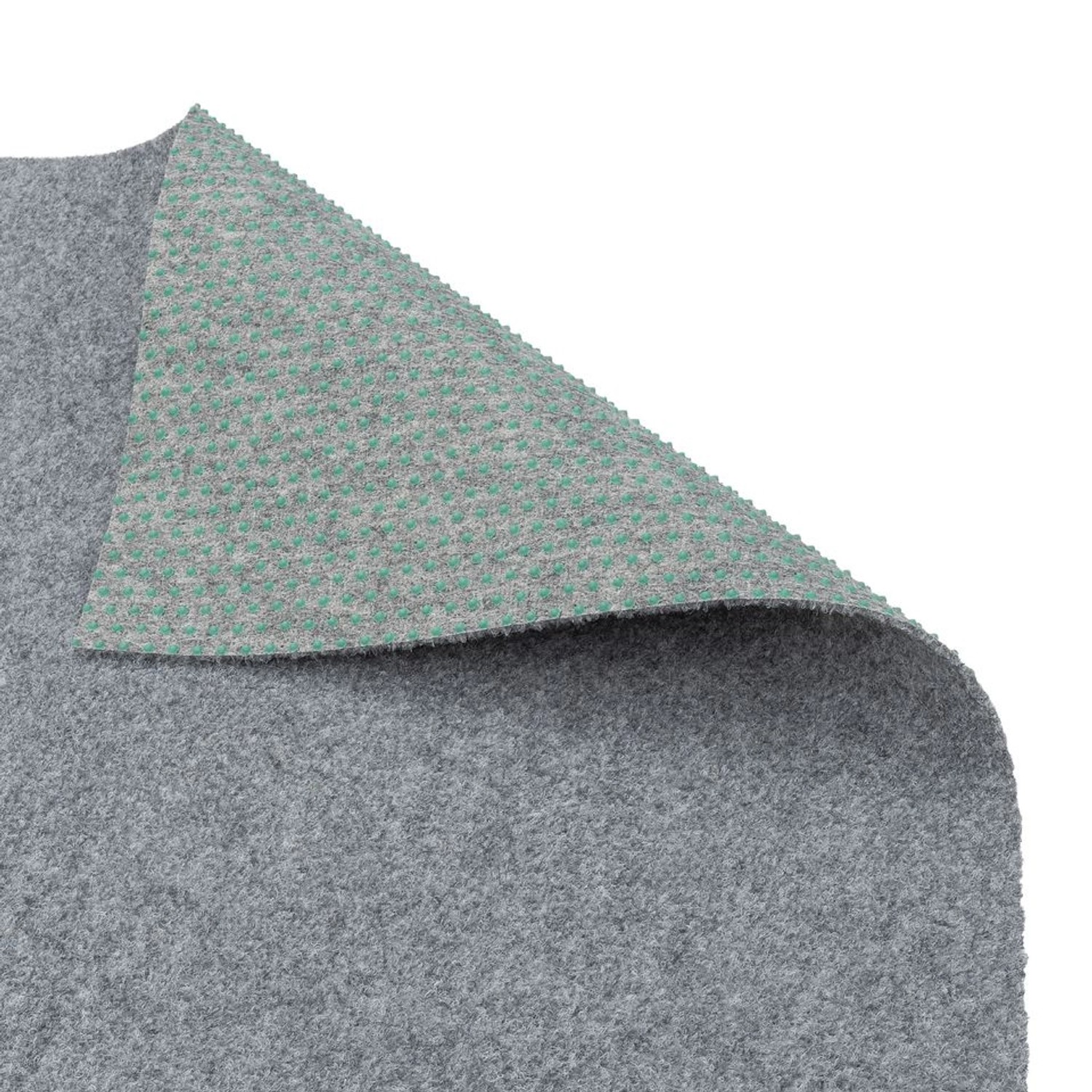 Grauer Snapstyle Kunstrasen Rasenteppich Kingston 400x100cm mit Noppen und grüner Drainagefunktion.