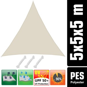 Beiges, dreieckiges AMANKA Sonnensegel 5x5x5m aus Polyester, wasserabweisend und mit UV-Schutz.