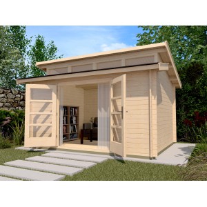 Unbehandeltes Weka Holz-Gartenhaus mit Pultdach und geöffneten Doppeltüren.