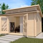 Unbehandeltes Weka Holz-Gartenhaus mit Pultdach und geöffneten Doppeltüren.