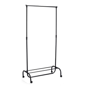 Schwarzer, höhenverstellbarer Zeller Rollkleiderständer aus Metall mit Schuhablage.