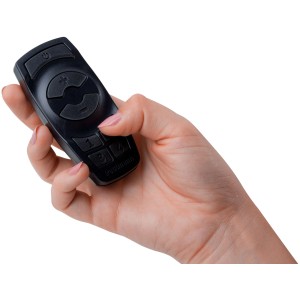 Schwarzer Paulmann Plug & Shine Controller mit Fernbedienung in Hand