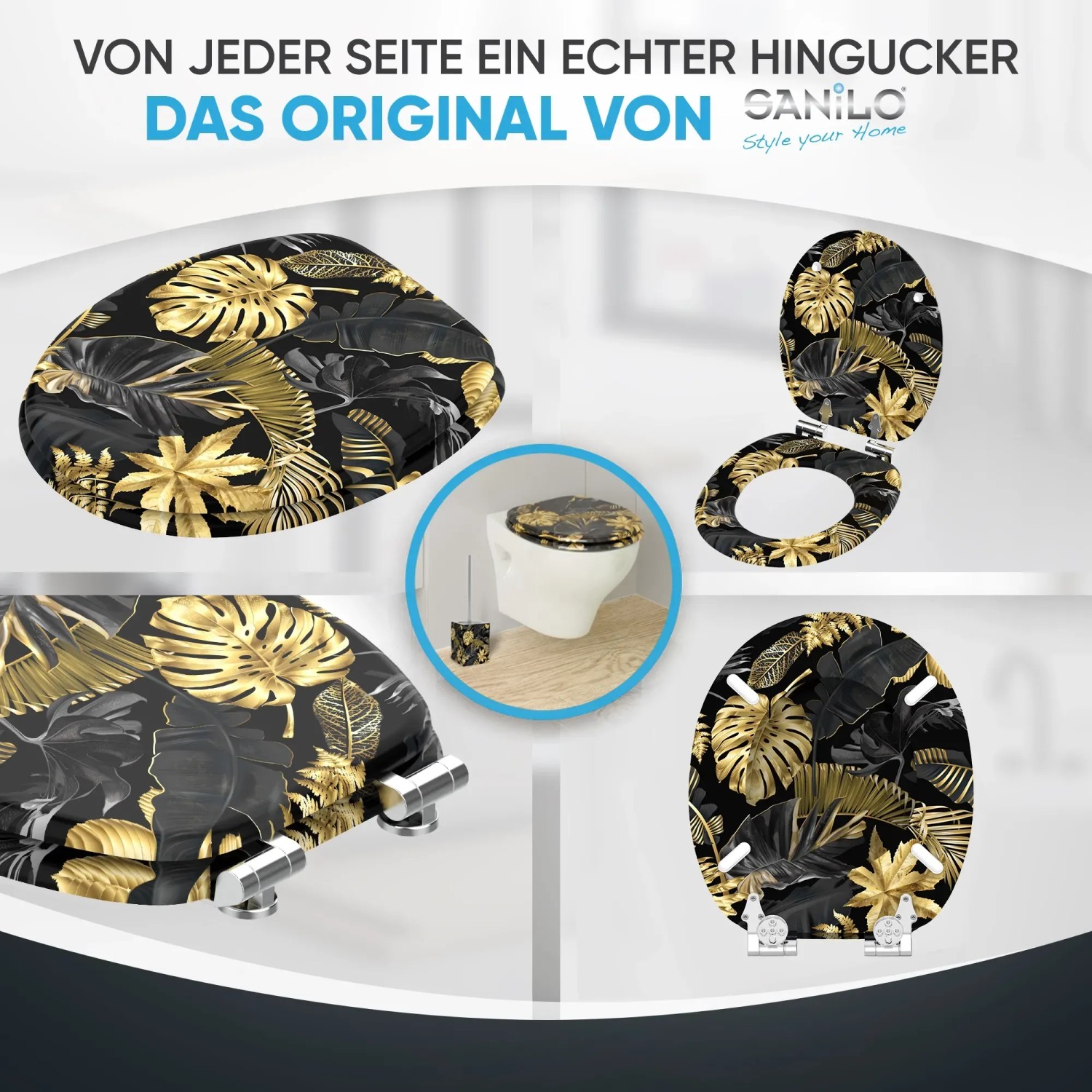 Sanilo WC-Sitz Golden Leaves mit Absenkautomatik, Holz Toilettendeckel mit goldenem Blätter-Design.