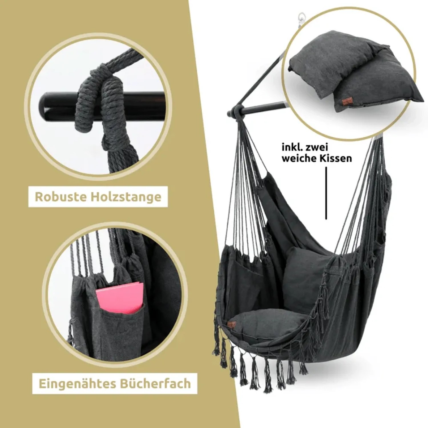 Anthrazitfarbener Hängesessel mit Kissen, Kuscheldecke und Bücherfach. Ideal für Indoor und Outdoor.