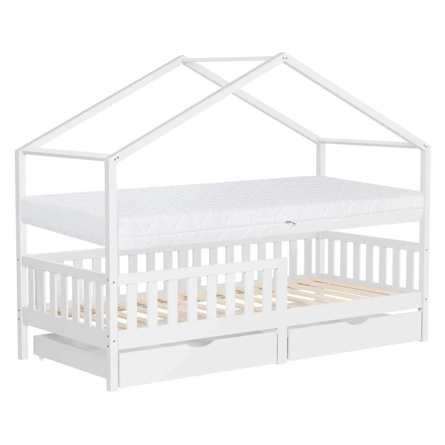 ML-Design Hausbett mit 2 Schubladen Matratze 90x200 cm Weiß Kiefer