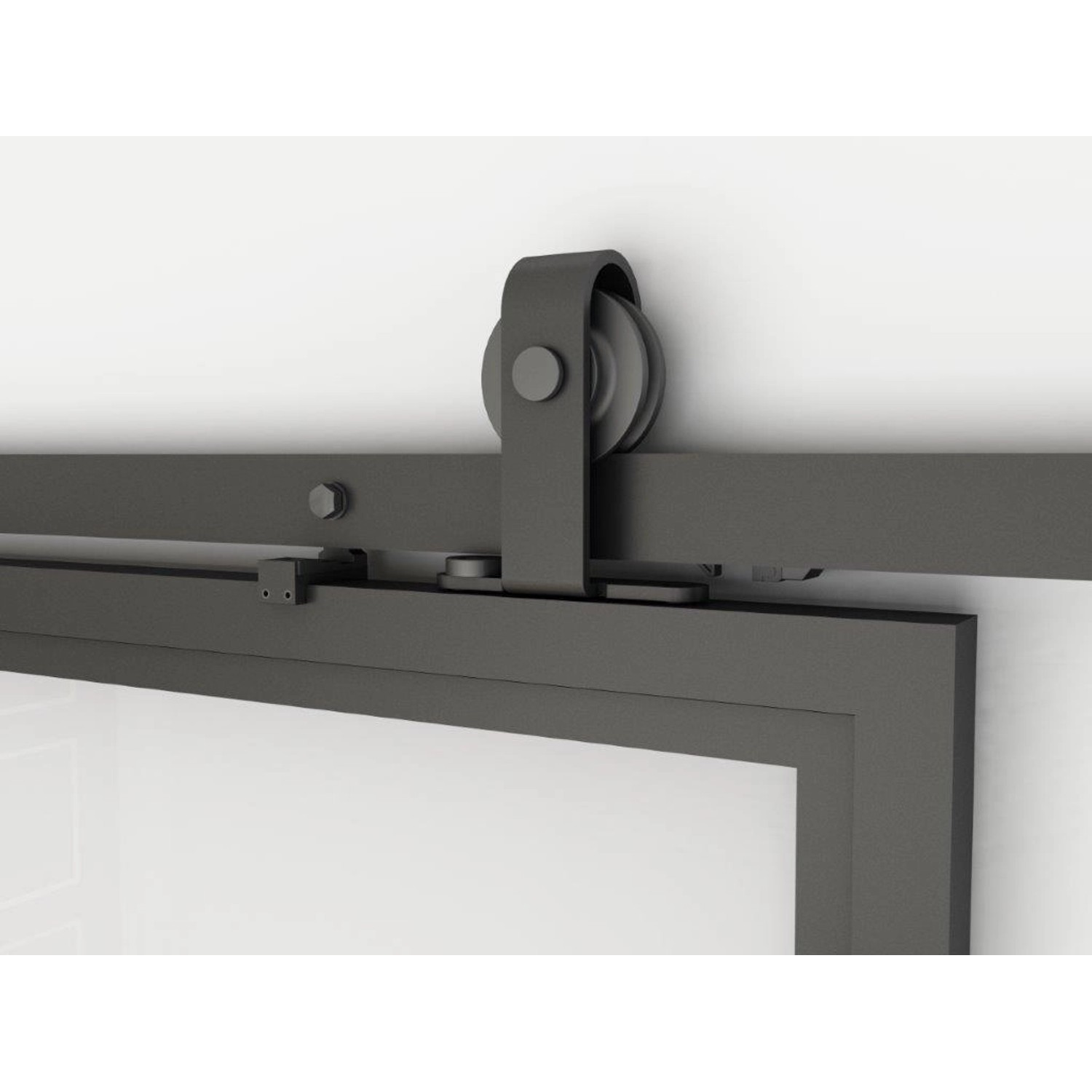 Detailaufnahme: Schwarze inova Loft Glasschiebetür mit Stahlrahmen und Laufschiene.