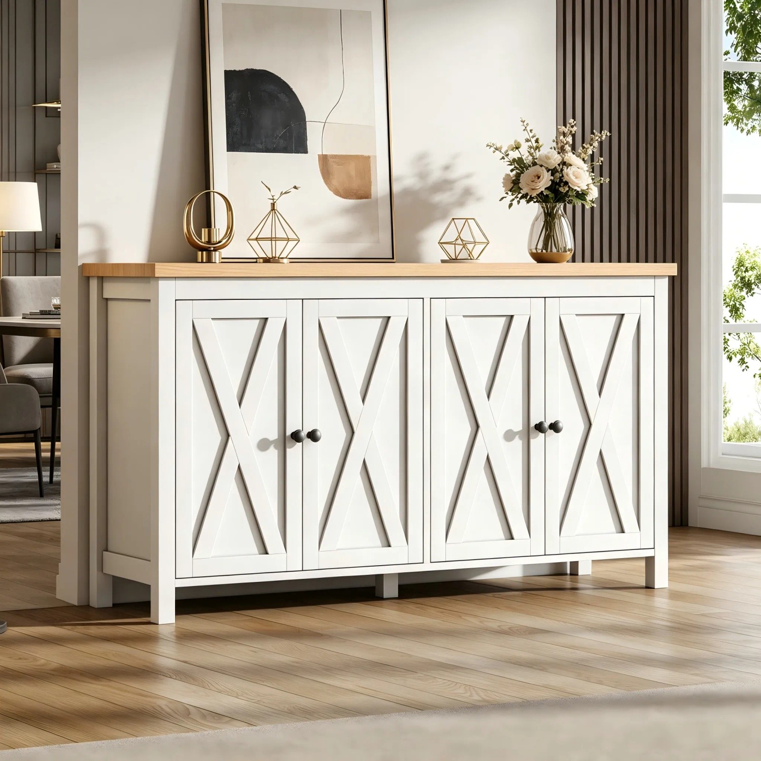 Weißes Merax Sideboard mit 4 Türen im X-Design, Naturholzplatte und Stauraum. Ideal für Wohnzimmer.