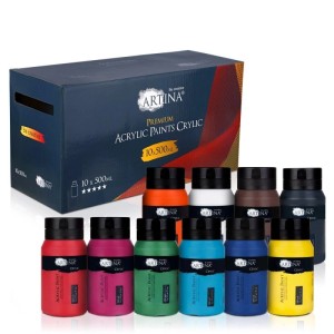 Artina Crylic Acrylfarben Set, 10 Farben à 500ml, mit Farbkasten.
