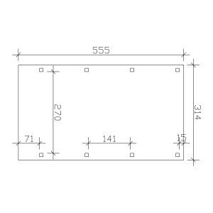Skizze des Skan Holz Flachdach-Einzelcarports Friesland mit Maßangaben (314x555cm) und Pfostenpositionen.