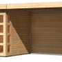 Unbehandeltes Karibu Holz-Gartenhaus Sölve mit Flachdach und Anbau, naturbelassen.