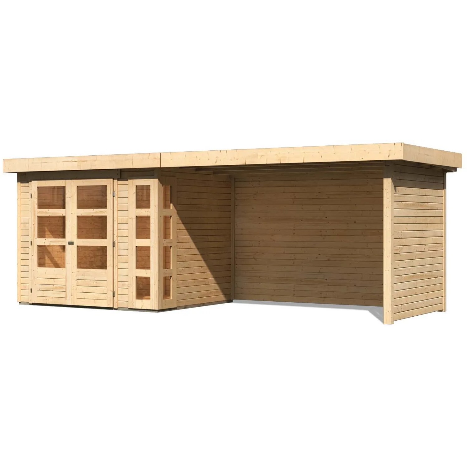 Unbehandeltes Karibu Holz-Gartenhaus Sölve mit Flachdach und Anbau, naturbelassen.