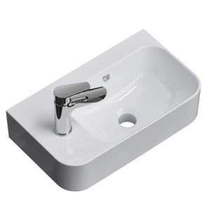 Emke Wandwaschbecken, hochweiß, mit Hahnloch rechts und Armatur. Rechteckiges Design für Badezimmer.