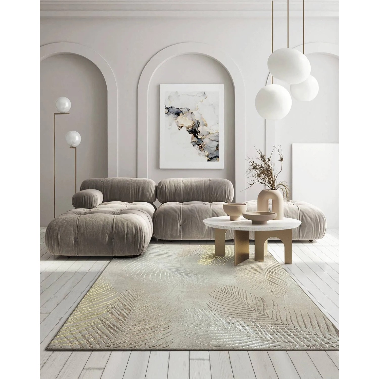 Beiger Floornovo Kurzflor Teppich (290x200 cm) mit Blattmuster in Wohnzimmer.