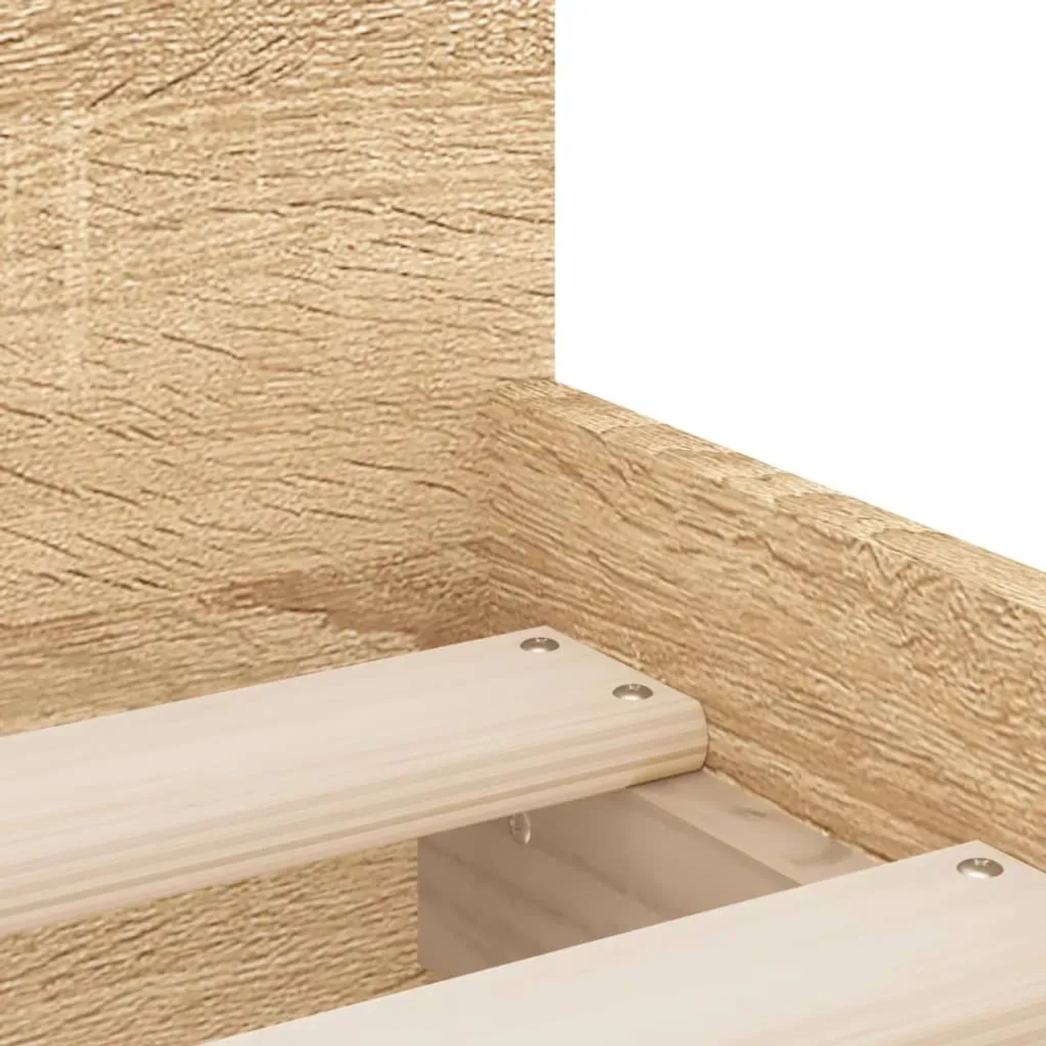 Detailansicht Bettgestell Sonoma-Eiche 90x200 mit Lattenrost und Schubladen.