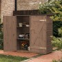 Imprägnierter Upyard Garten-Werkzeugschuppen aus Holz (FSC®), 150x70cm, mit Regalen und geöffneten Doppeltüren.