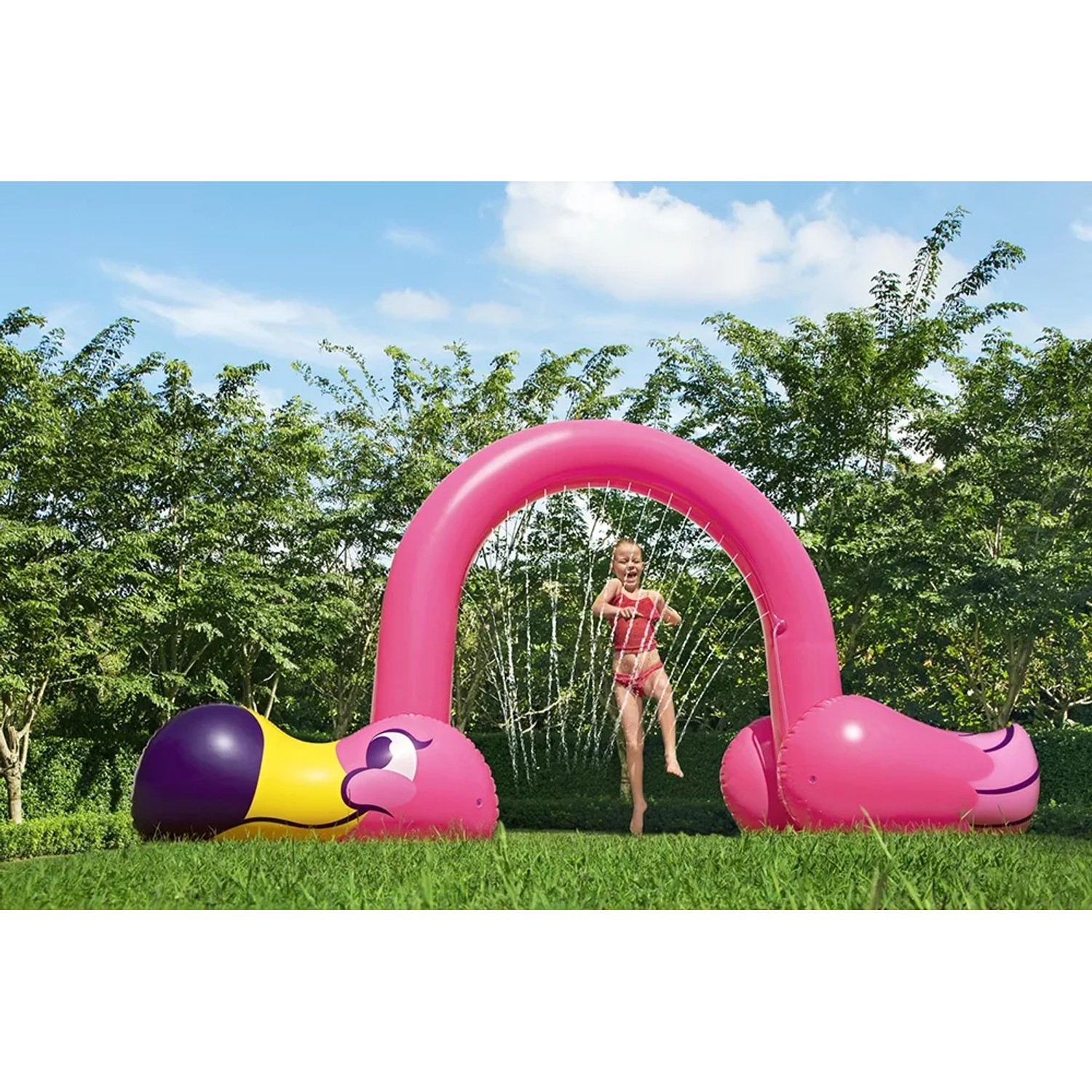 Bestway Jumbo Wassersprinkler Flamingo: Aufblasbarer Flamingo mit Wasserdusche für Kinder im Garten.