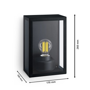 Schwarze, eckige Philips Alzor Außenwandleuchte mit Glas und Maßen.