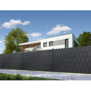 Anthrazitfarbene Floraworld PVC-Sichtschutzstreifen in Holzoptik für Doppelstabmattenzäune.