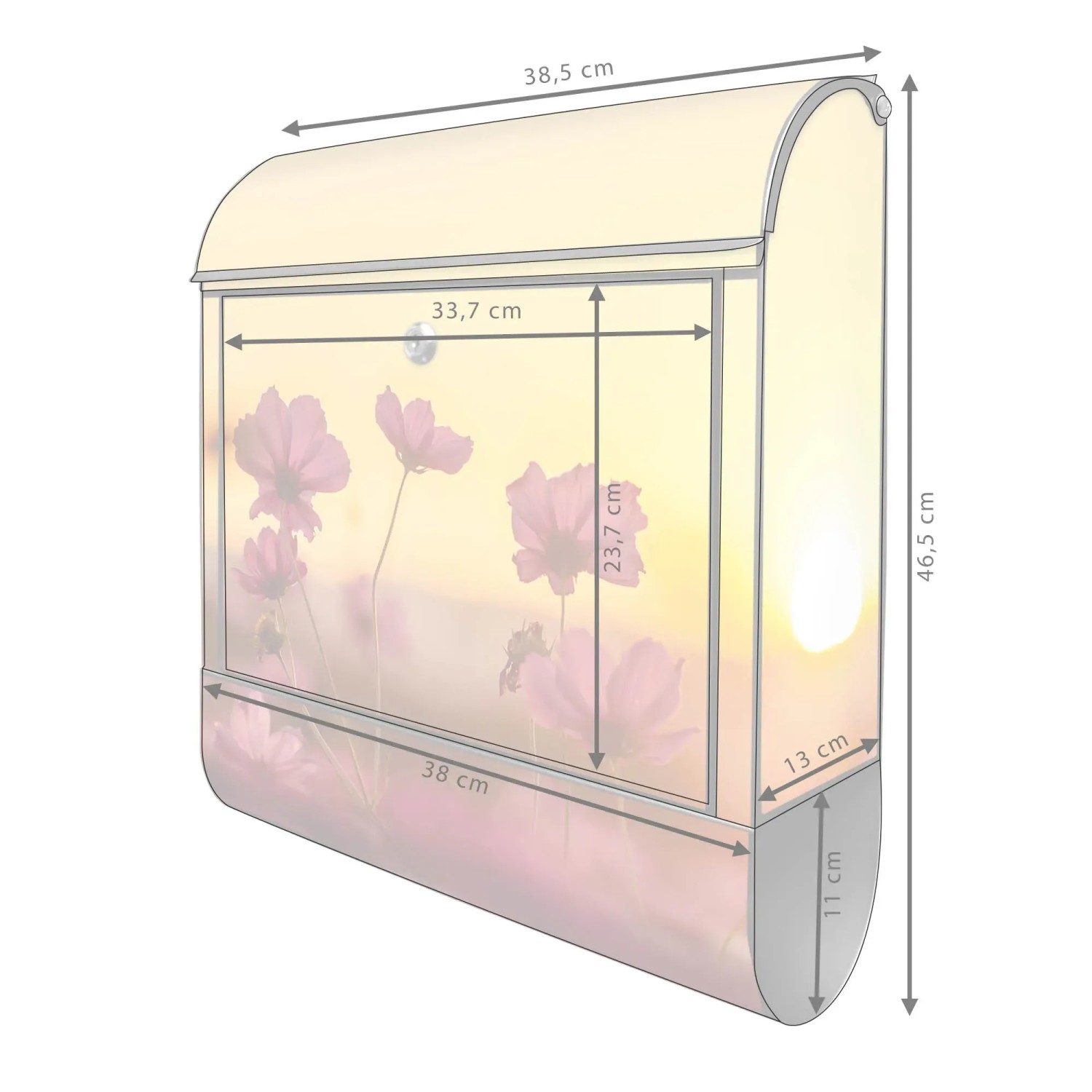 Banjado Design Briefkasten, schwarz pulverbeschichtet mit Cosmea Feld Motiv und Zeitungsfach.