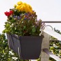 Balkonkasten mit Blumen in Halterung aus Stahldraht (160 mm) am Balkongeländer.