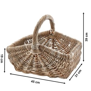 Handgeflochtener, grauer Einkaufskorb aus Rattan mit Henkel. Dekorativer Korb für Badaccessoires.