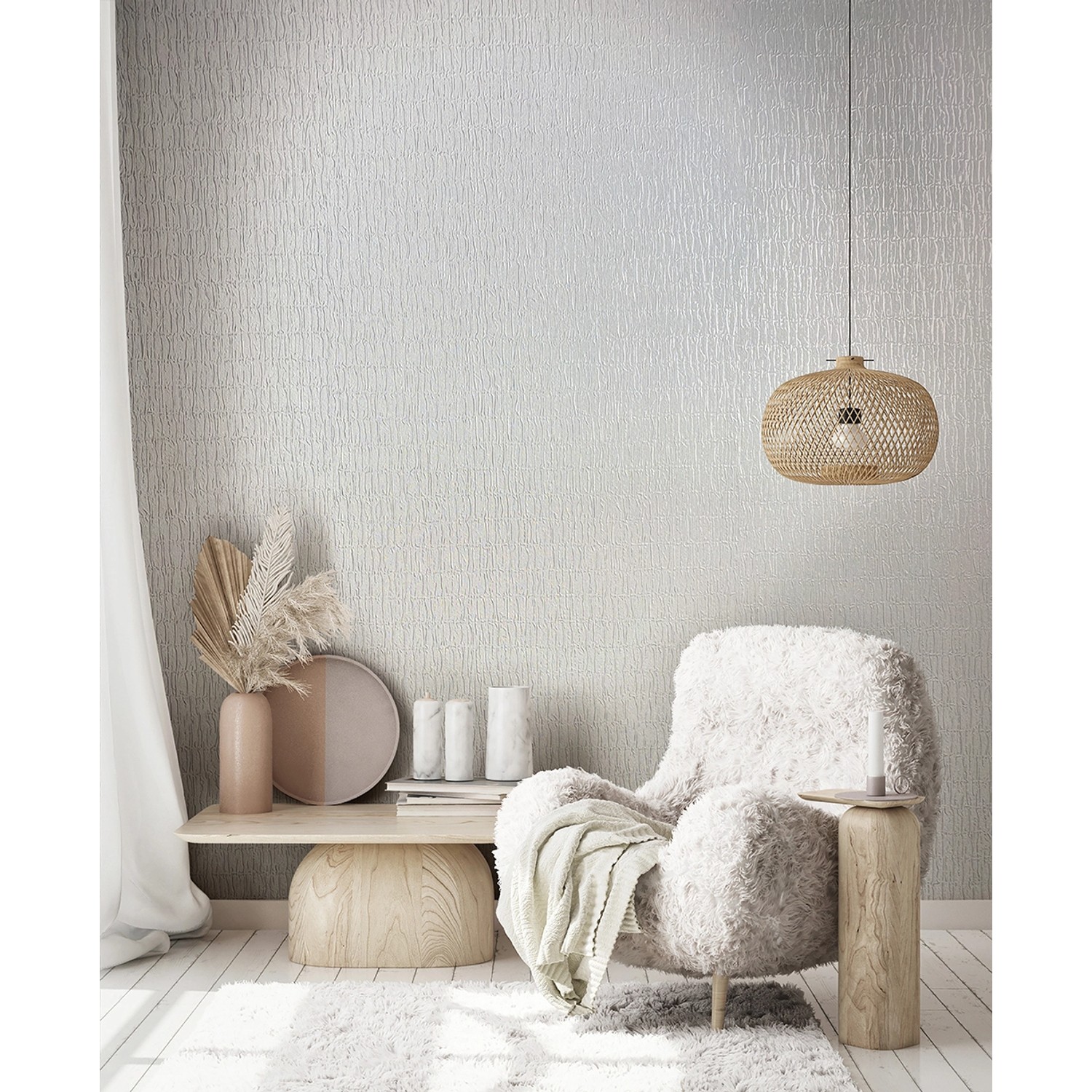 Weiße Marburg Vliestapete Kumano mit Strukturmuster im modernen Wohnraum.